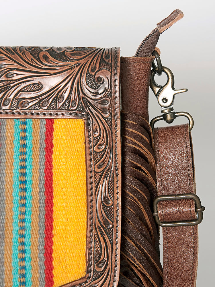 American Darling Messenger Bag for Women, Hand Tooled Floral Leather, Hair-On Cowhide, Saddle Blanket, Genuine Western Leather