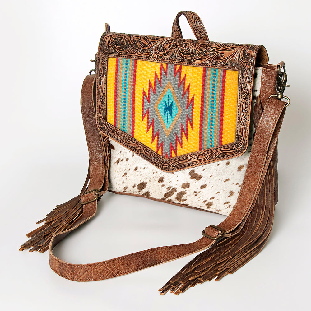 American Darling Messenger Bag for Women, Hand Tooled Floral Leather, Hair-On Cowhide, Saddle Blanket, Genuine Western Leather