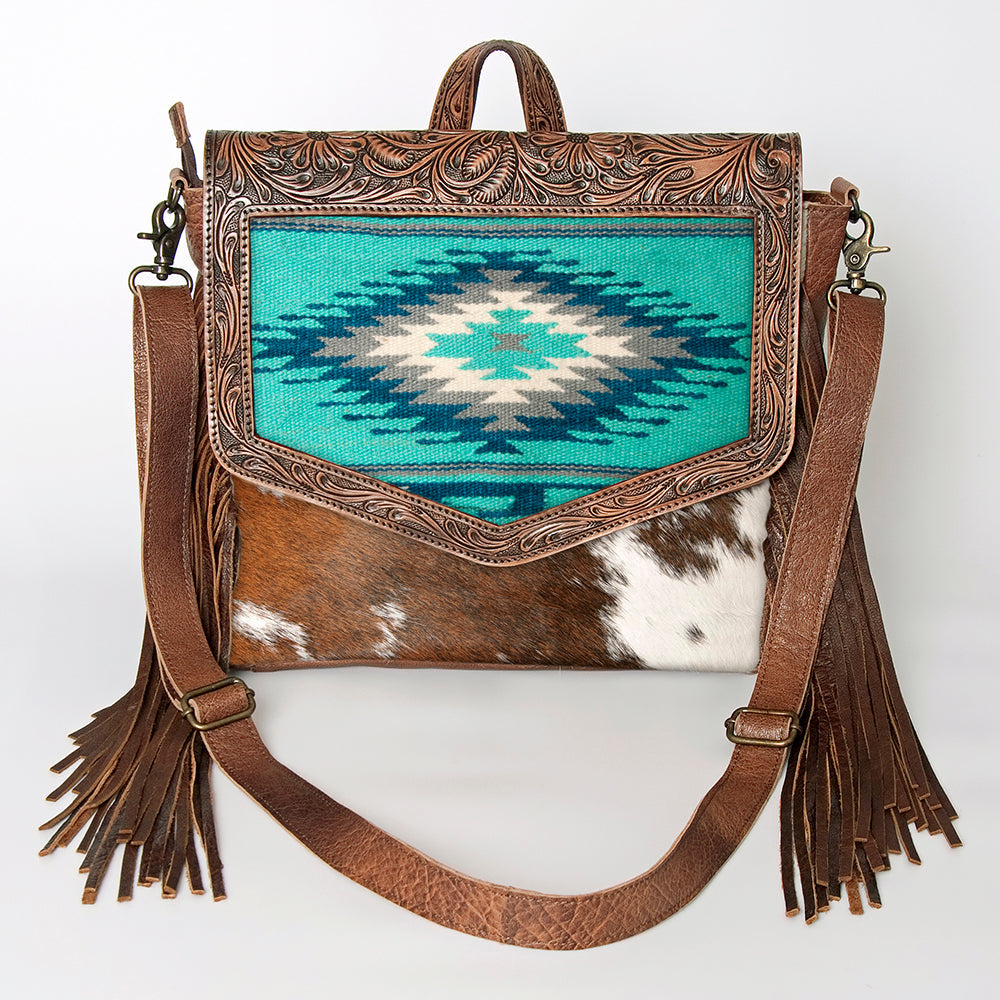 American Darling Messenger Bag for Women, Hand Tooled Floral Leather, Hair-On Cowhide, Saddle Blanket, Genuine Western Leather