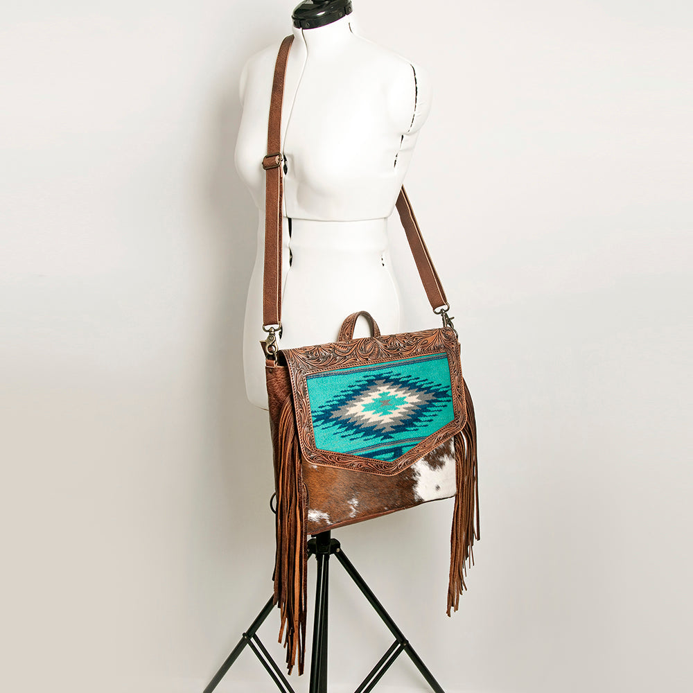 American Darling Messenger Bag for Women, Hand Tooled Floral Leather, Hair-On Cowhide, Saddle Blanket, Genuine Western Leather