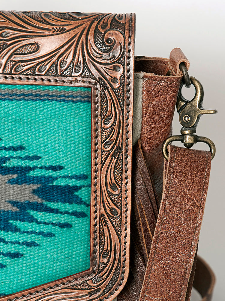 American Darling Messenger Bag for Women, Hand Tooled Floral Leather, Hair-On Cowhide, Saddle Blanket, Genuine Western Leather