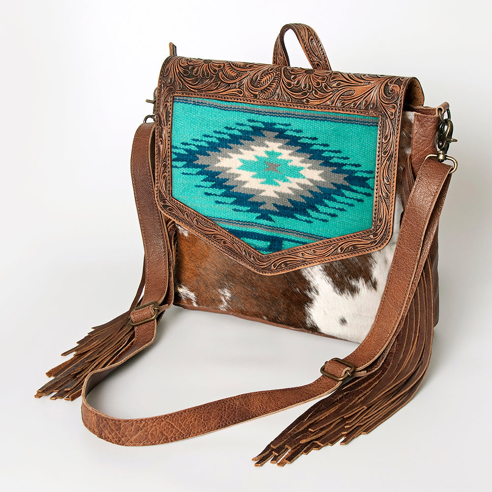 American Darling Messenger Bag for Women, Hand Tooled Floral Leather, Hair-On Cowhide, Saddle Blanket, Genuine Western Leather