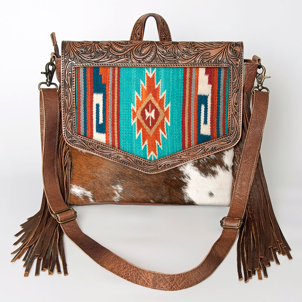 American Darling Messenger Bag for Women, Hand Tooled Floral Leather, Hair-On Cowhide, Saddle Blanket, Genuine Western Leather