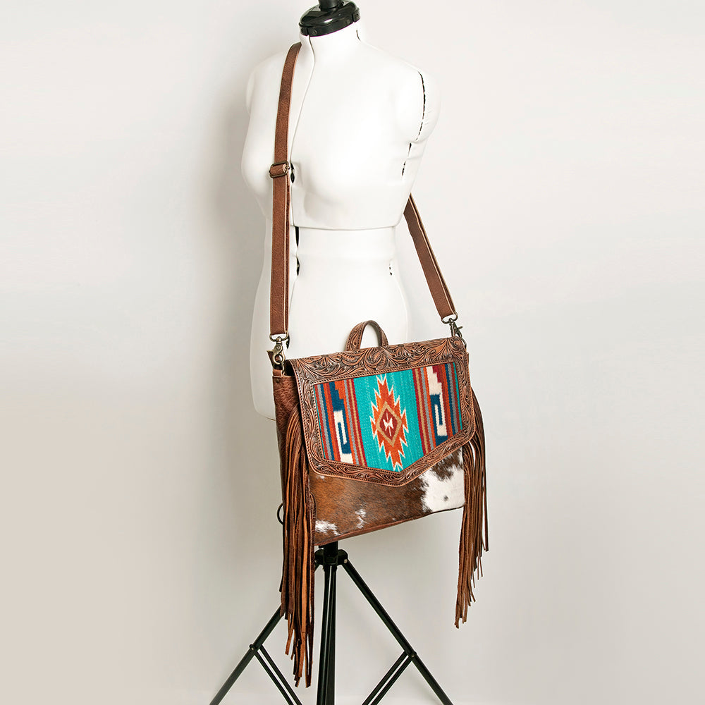 American Darling Messenger Bag for Women, Hand Tooled Floral Leather, Hair-On Cowhide, Saddle Blanket, Genuine Western Leather