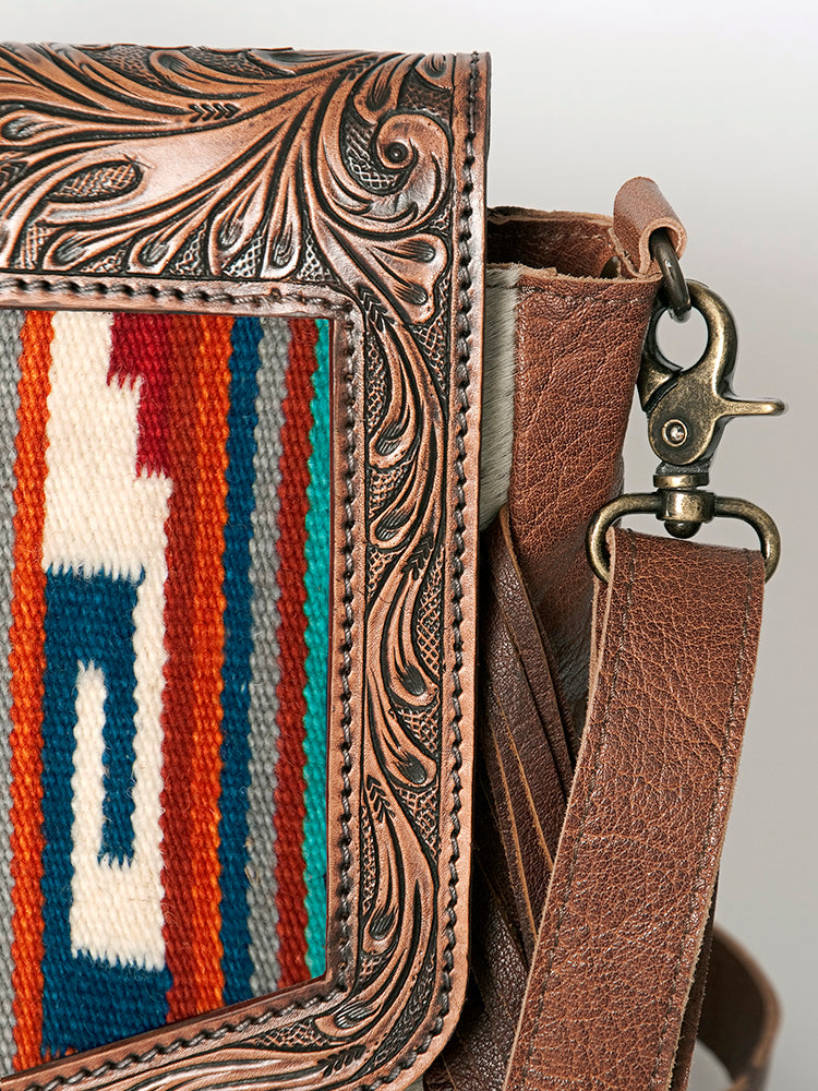 American Darling Messenger Bag for Women, Hand Tooled Floral Leather, Hair-On Cowhide, Saddle Blanket, Genuine Western Leather