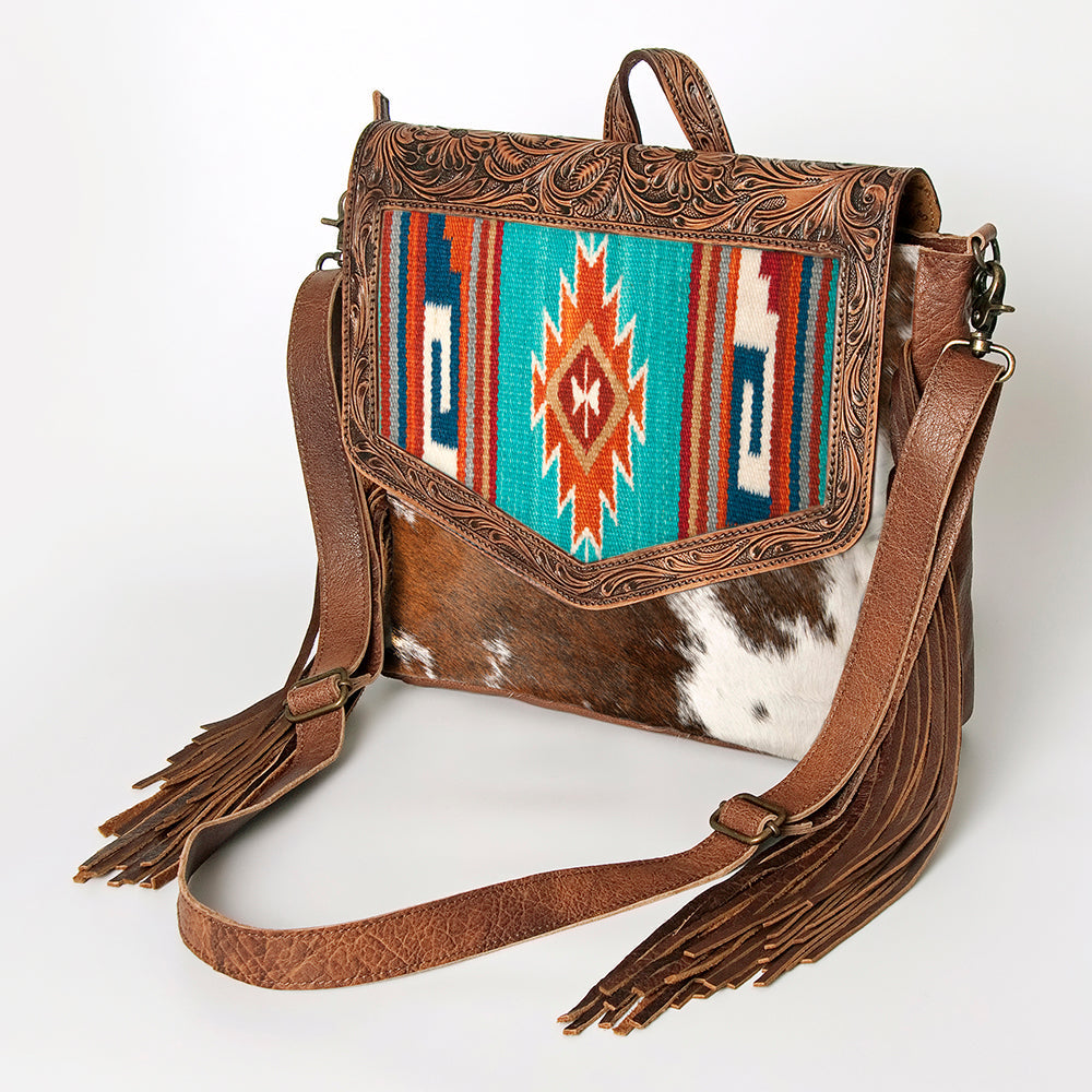 American Darling Messenger Bag for Women, Hand Tooled Floral Leather, Hair-On Cowhide, Saddle Blanket, Genuine Western Leather
