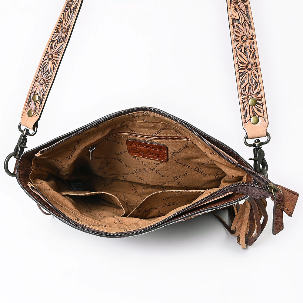 American Darling Small Cross body Bag for Women, Hand Tooled Floral Leather, Hair-On Cowhide with Fringes, Genuine Leather