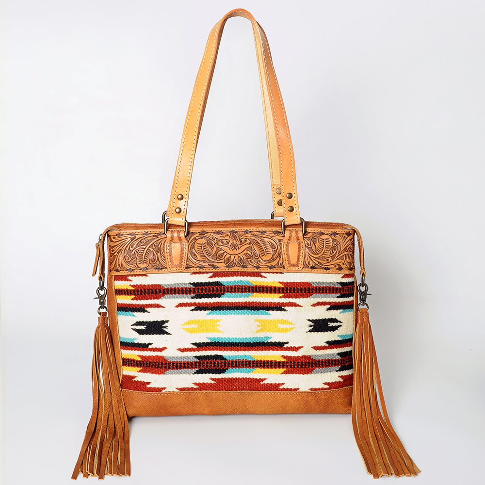 American Darling Tote Bag for Women, Hand Tooled Floral Leather, Hand Woven Saddle Blanket, Fringed Western Purse