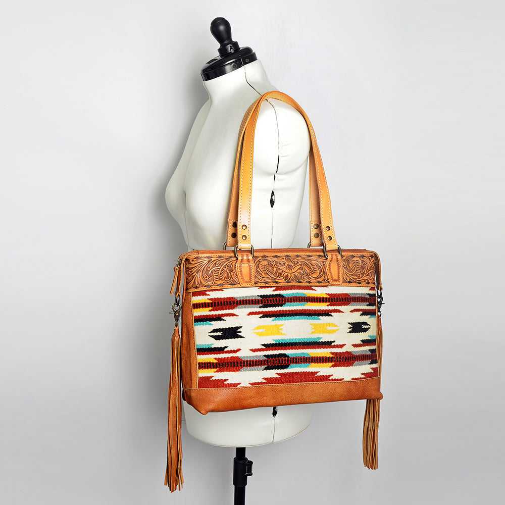American Darling Tote Bag for Women, Hand Tooled Floral Leather, Hand Woven Saddle Blanket, Fringed Western Purse