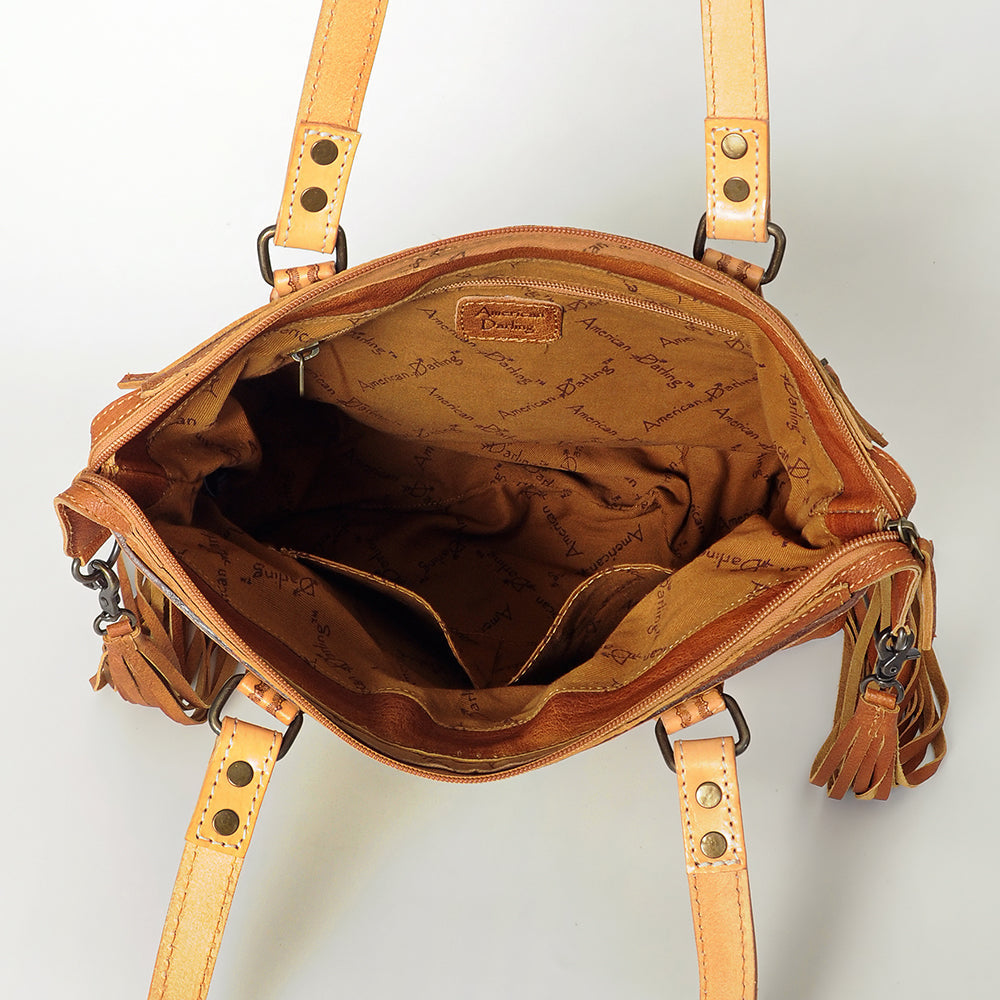 American Darling Tote Bag for Women, Hand Tooled Floral Leather, Hand Woven Saddle Blanket, Fringed Western Purse