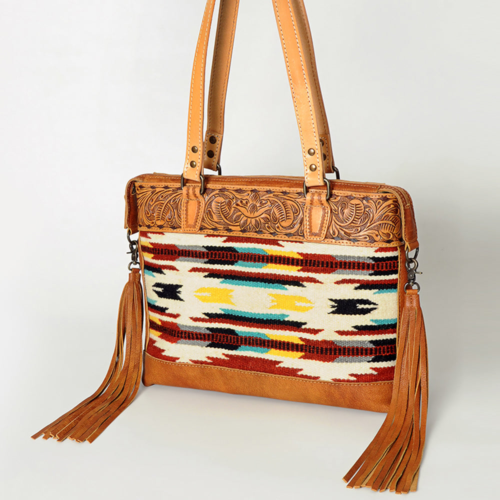 American Darling Tote Bag for Women, Hand Tooled Floral Leather, Hand Woven Saddle Blanket, Fringed Western Purse