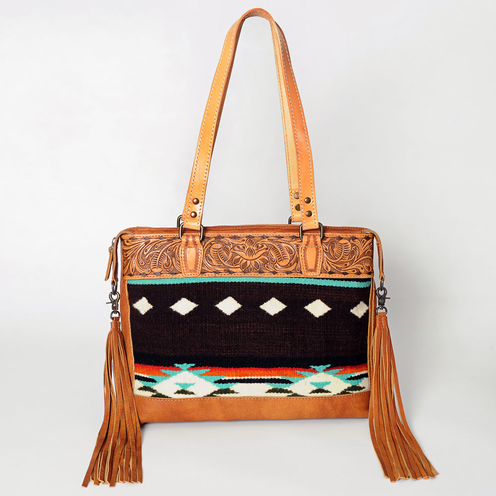 American Darling Tote Bag for Women, Hand Tooled Floral Leather, Hand Woven Saddle Blanket, Fringed Western Purse