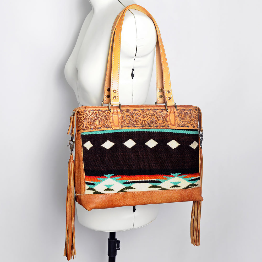 American Darling Tote Bag for Women, Hand Tooled Floral Leather, Hand Woven Saddle Blanket, Fringed Western Purse