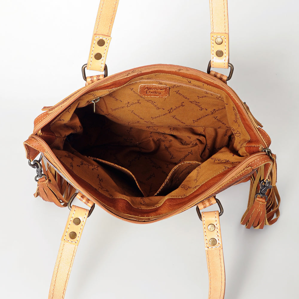 American Darling Tote Bag for Women, Hand Tooled Floral Leather, Hand Woven Saddle Blanket, Fringed Western Purse