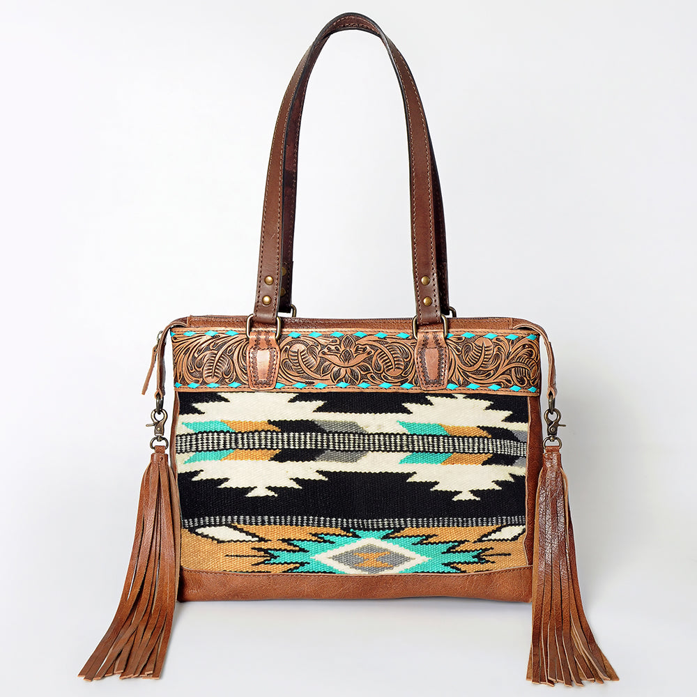 American Darling Tote Bag for Women, Hand Tooled Floral Leather, Hand Woven Saddle Blanket, Fringed Western Purse