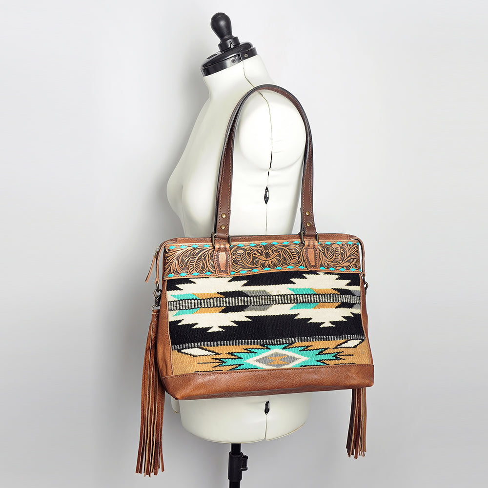 American Darling Tote Bag for Women, Hand Tooled Floral Leather, Hand Woven Saddle Blanket, Fringed Western Purse