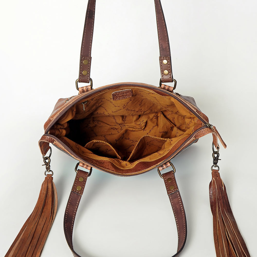 American Darling Tote Bag for Women, Hand Tooled Floral Leather, Hand Woven Saddle Blanket, Fringed Western Purse