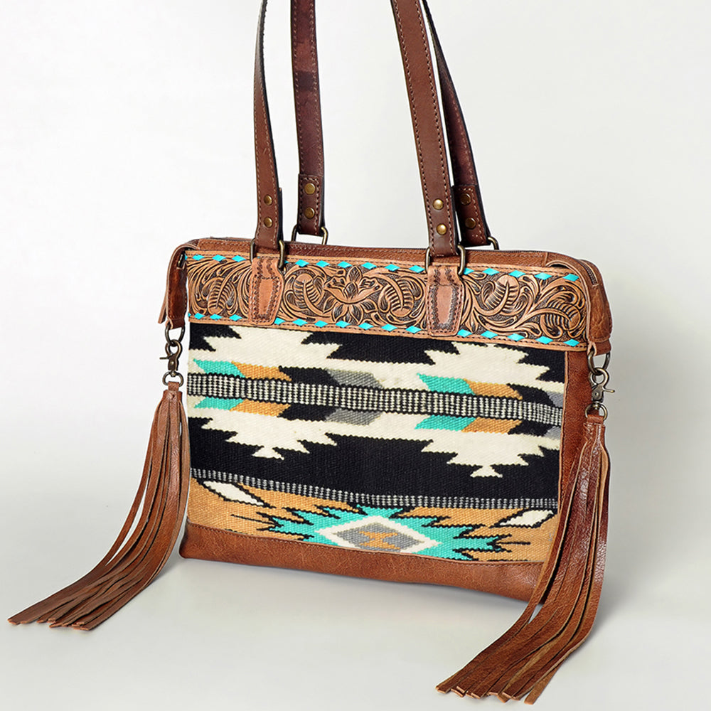 American Darling Tote Bag for Women, Hand Tooled Floral Leather, Hand Woven Saddle Blanket, Fringed Western Purse