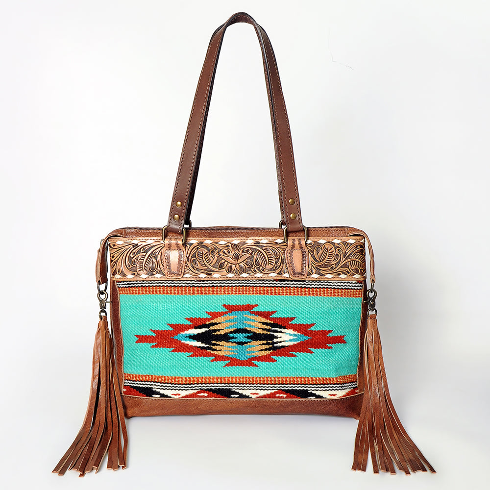 American Darling Tote Bag for Women, Hand Tooled Floral Leather, Hand Woven Saddle Blanket, Fringed Western Purse