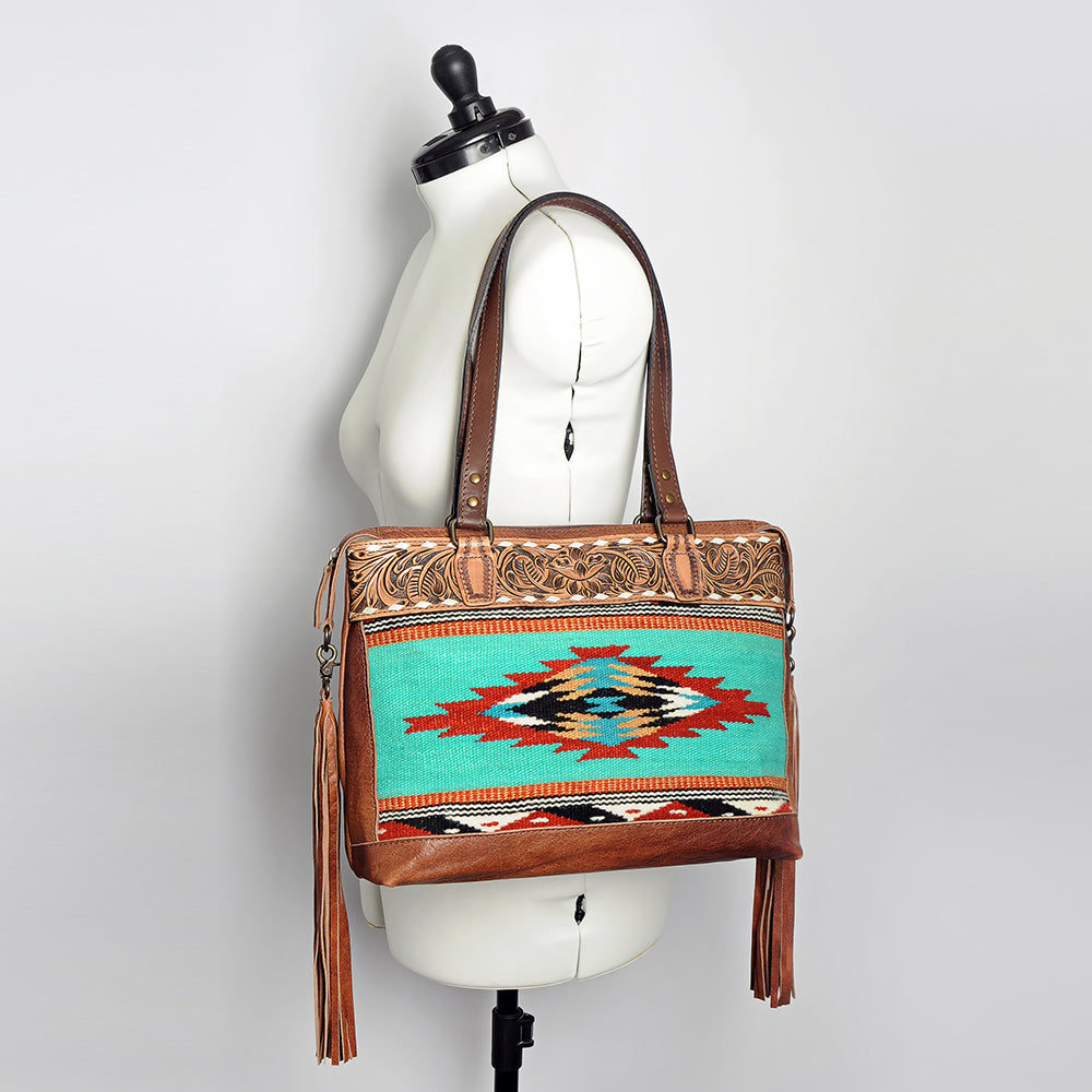 American Darling Tote Bag for Women, Hand Tooled Floral Leather, Hand Woven Saddle Blanket, Fringed Western Purse