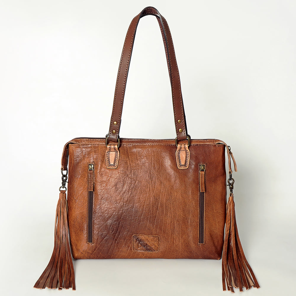 American Darling Tote Bag for Women, Hand Tooled Floral Leather, Hand Woven Saddle Blanket, Fringed Western Purse