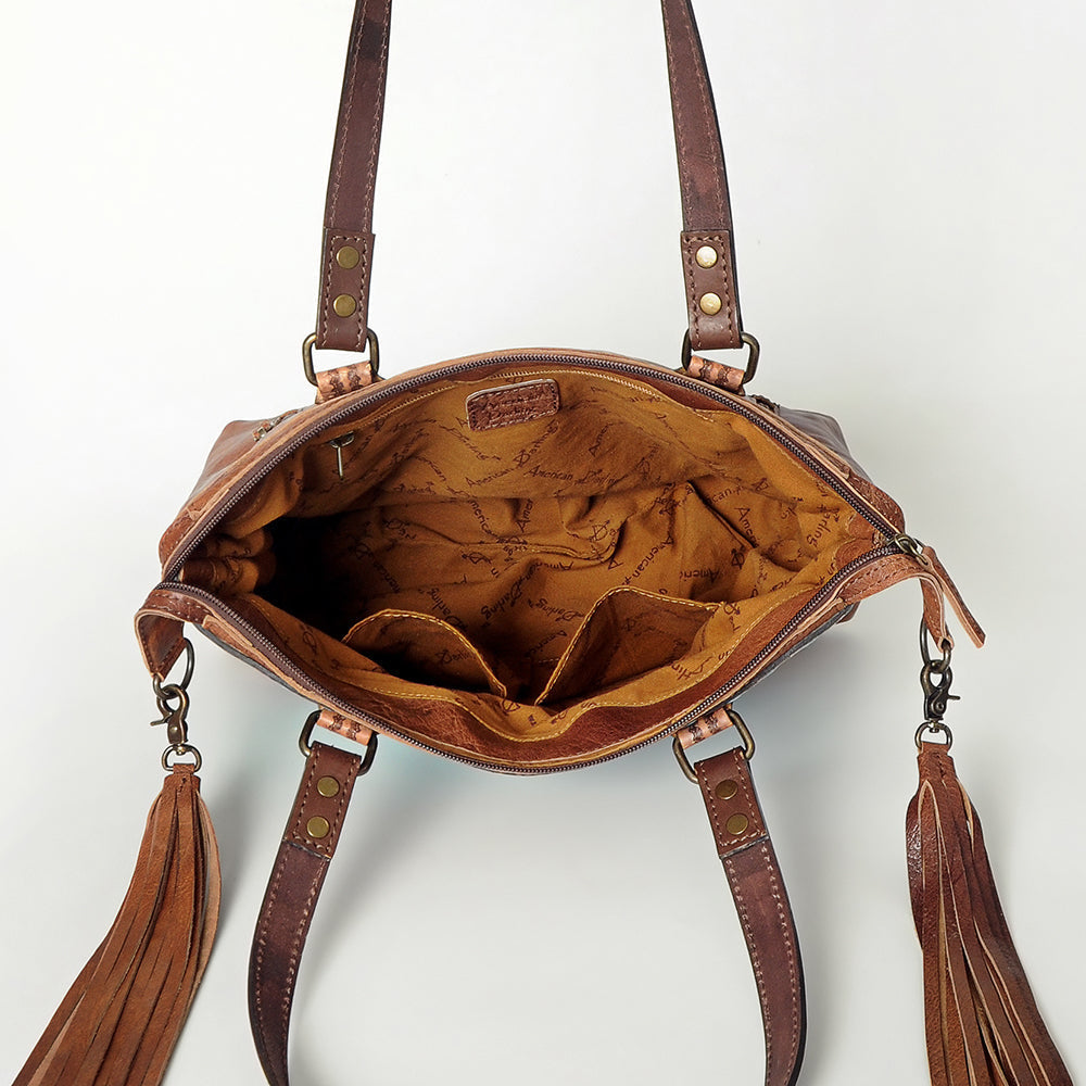 American Darling Tote Bag for Women, Hand Tooled Floral Leather, Hand Woven Saddle Blanket, Fringed Western Purse