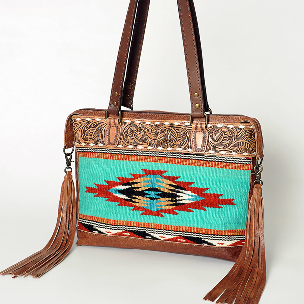 American Darling Tote Bag for Women, Hand Tooled Floral Leather, Hand Woven Saddle Blanket, Fringed Western Purse