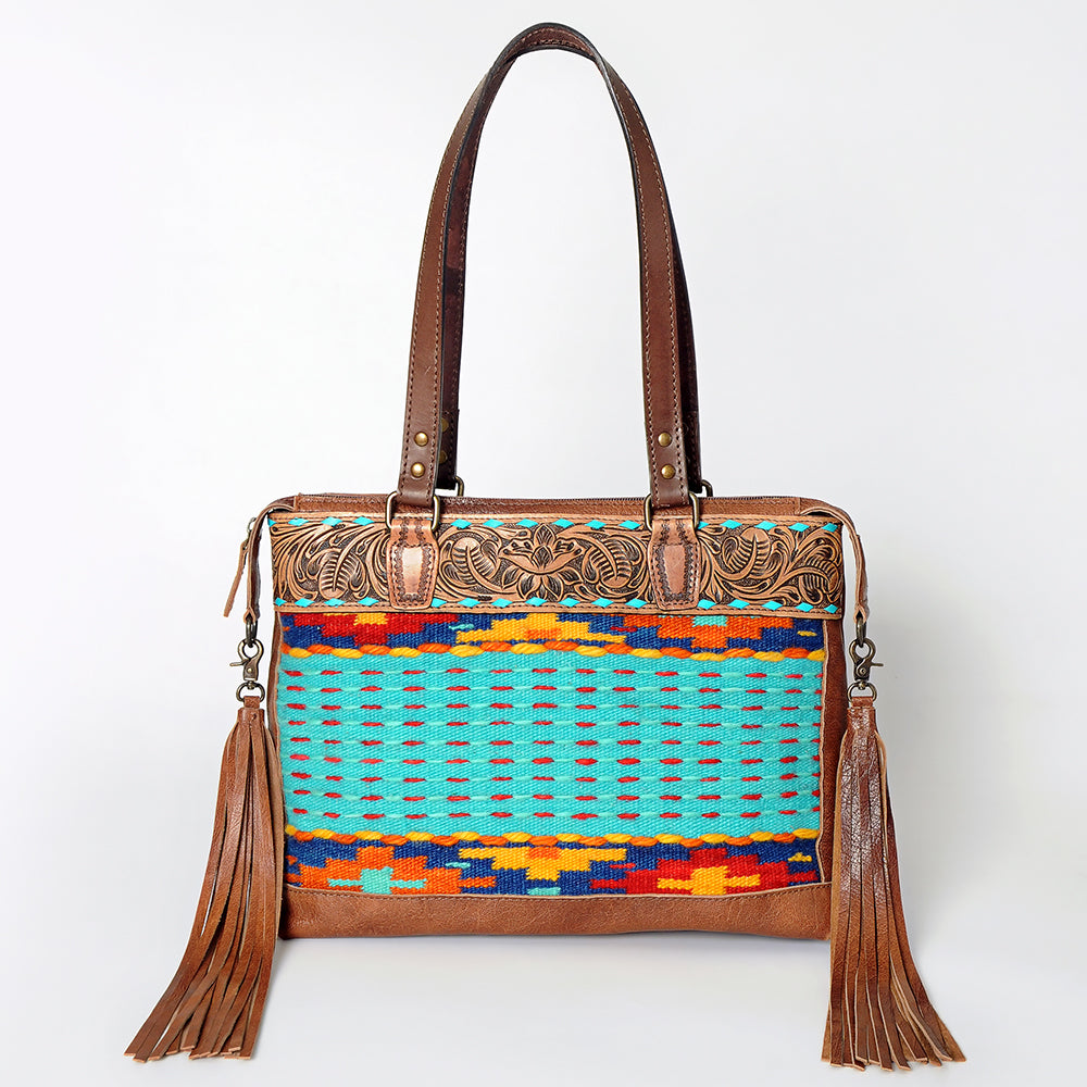 American Darling Tote Bag for Women, Hand Tooled Floral Leather, Hand Woven Saddle Blanket, Fringed Western Purse