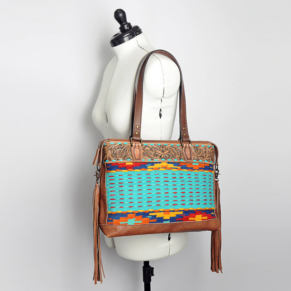 American Darling Tote Bag for Women, Hand Tooled Floral Leather, Hand Woven Saddle Blanket, Fringed Western Purse