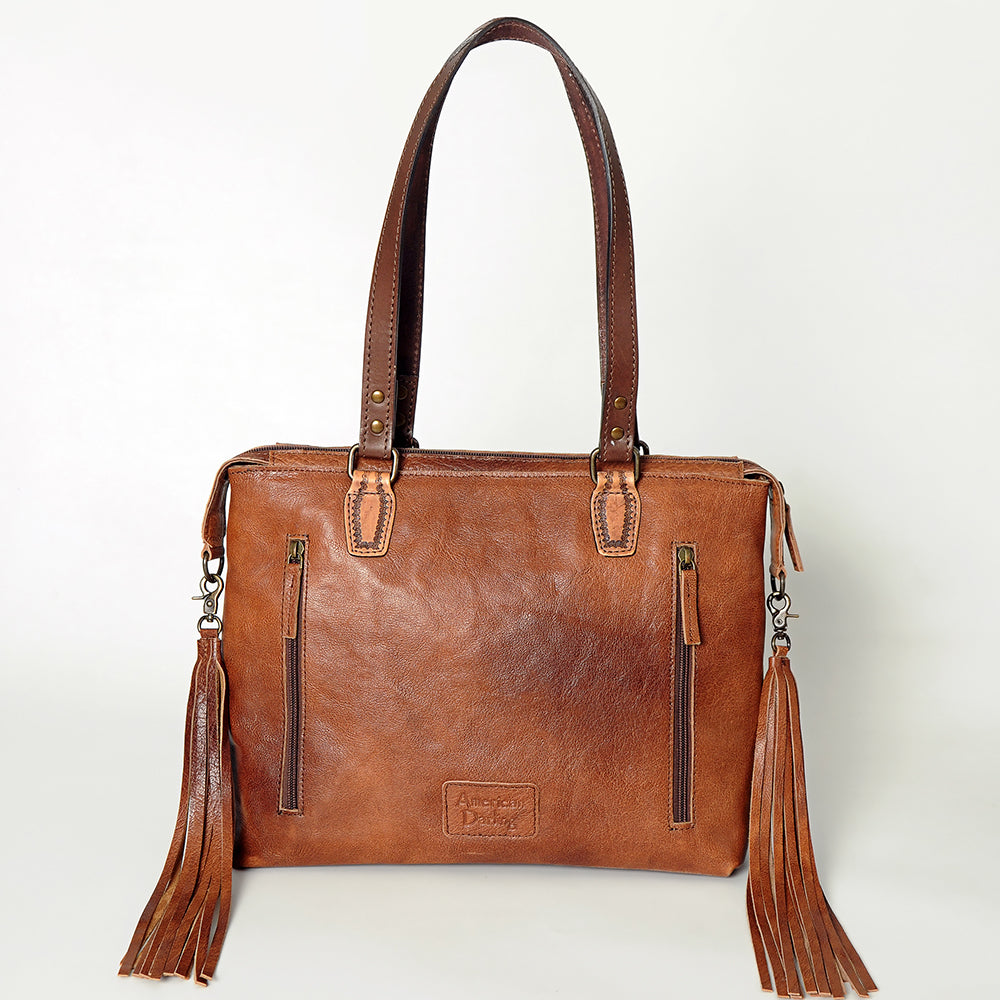 American Darling Tote Bag for Women, Hand Tooled Floral Leather, Hand Woven Saddle Blanket, Fringed Western Purse