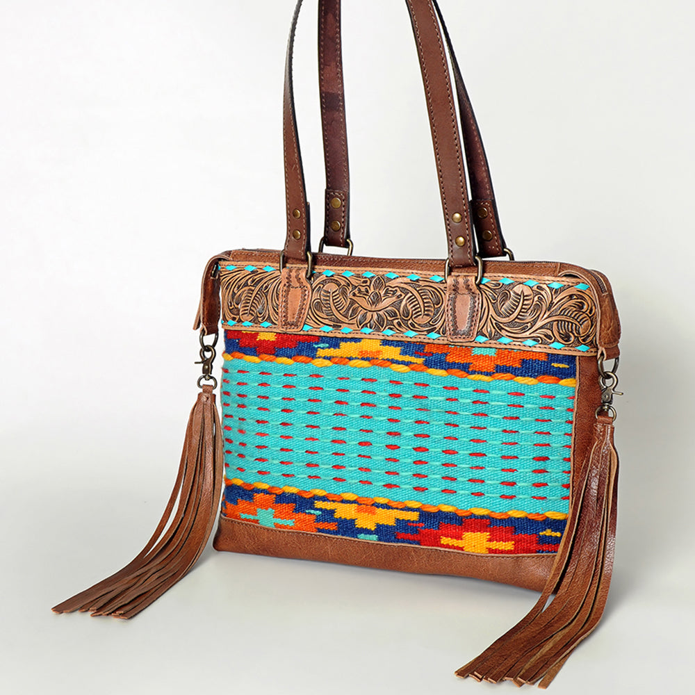 American Darling Tote Bag for Women, Hand Tooled Floral Leather, Hand Woven Saddle Blanket, Fringed Western Purse