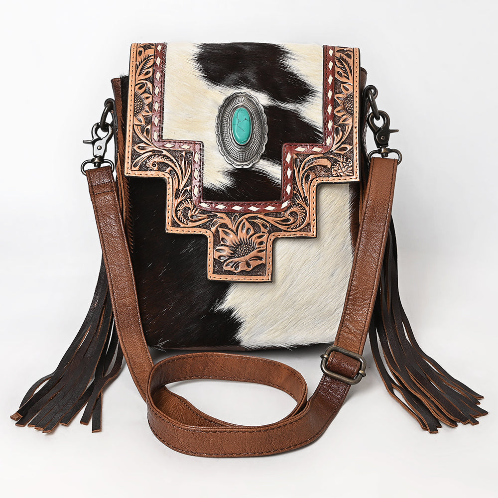 American Darling Messenger Bag for Women, Hand Tooled Floral Leather, Hair-On Cowhide, Woven Saddle Blanket, Genuine Leather