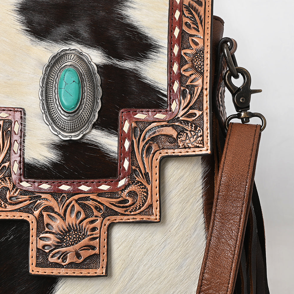 American Darling Messenger Bag for Women, Hand Tooled Floral Leather, Hair-On Cowhide, Woven Saddle Blanket, Genuine Leather