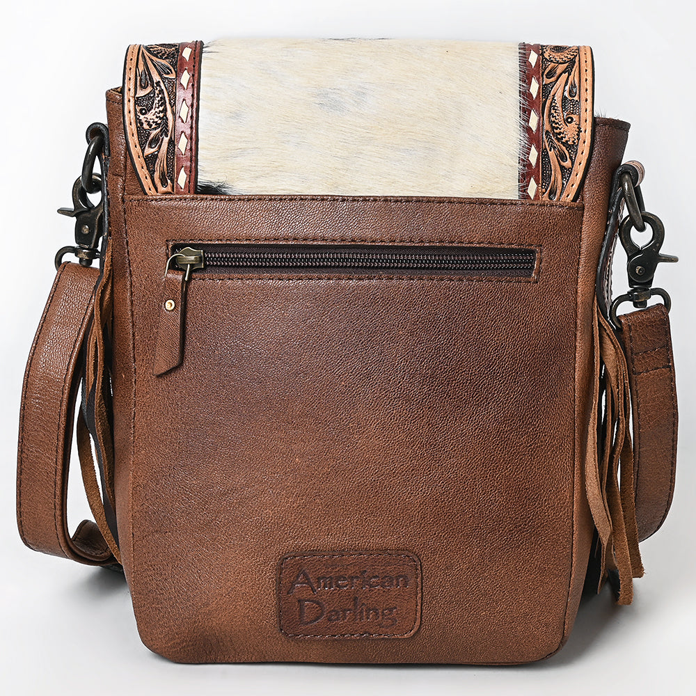 American Darling Messenger Bag for Women, Hand Tooled Floral Leather, Hair-On Cowhide, Woven Saddle Blanket, Genuine Leather