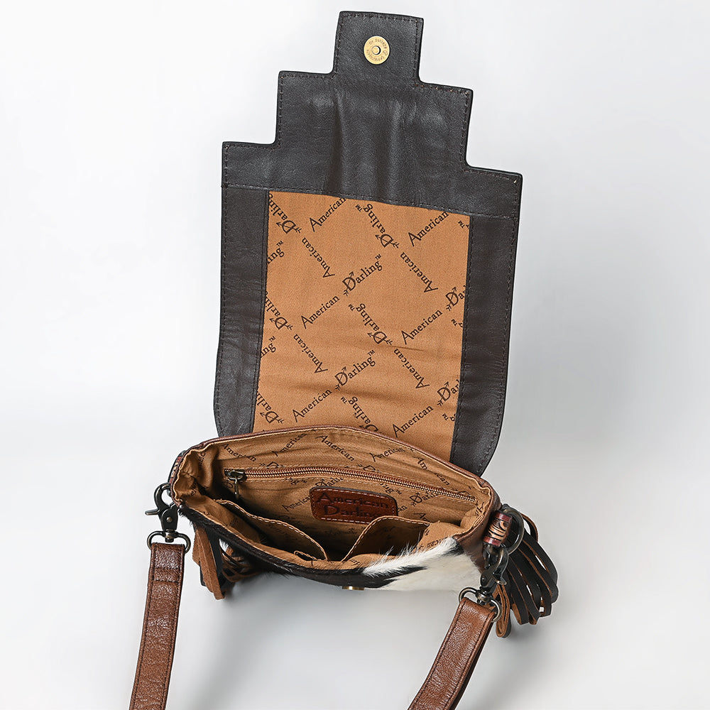 American Darling Messenger Bag for Women, Hand Tooled Floral Leather, Hair-On Cowhide, Woven Saddle Blanket, Genuine Leather