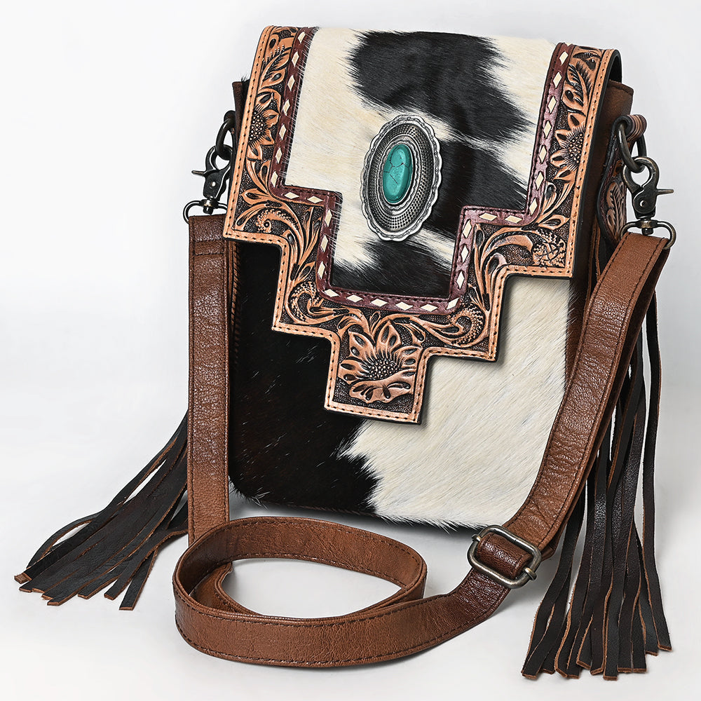 American Darling Messenger Bag for Women, Hand Tooled Floral Leather, Hair-On Cowhide, Woven Saddle Blanket, Genuine Leather