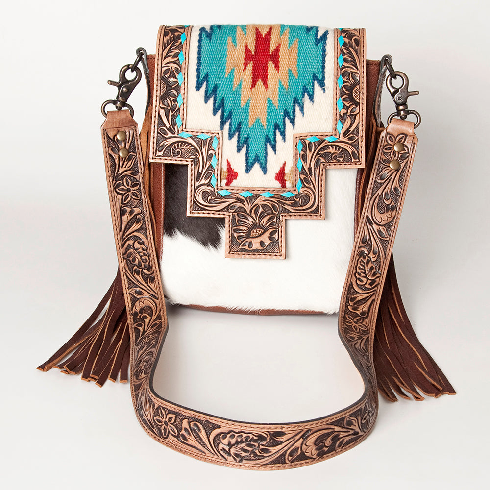 American Darling Messenger Bag for Women, Hand Tooled Floral Leather, Hair-On Cowhide, Woven Saddle Blanket, Genuine Leather