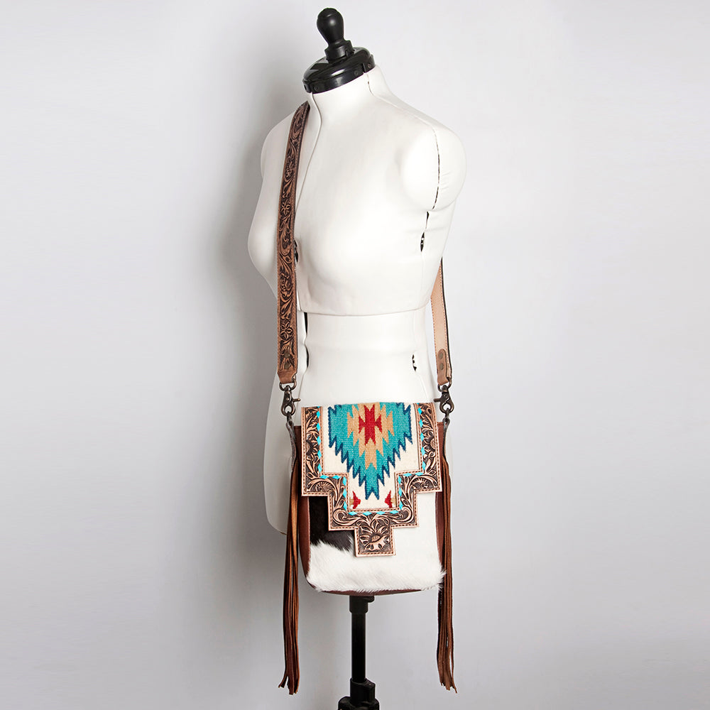 American Darling Messenger Bag for Women, Hand Tooled Floral Leather, Hair-On Cowhide, Woven Saddle Blanket, Genuine Leather