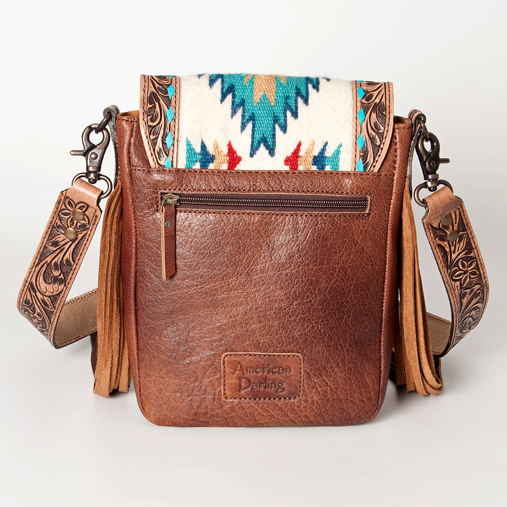 American Darling Messenger Bag for Women, Hand Tooled Floral Leather, Hair-On Cowhide, Woven Saddle Blanket, Genuine Leather