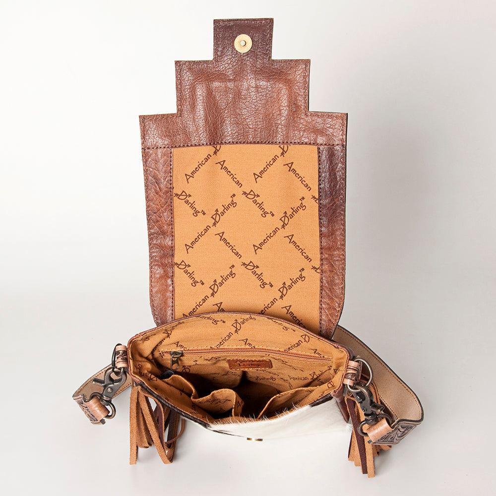 American Darling Messenger Bag for Women, Hand Tooled Floral Leather, Hair-On Cowhide, Woven Saddle Blanket, Genuine Leather