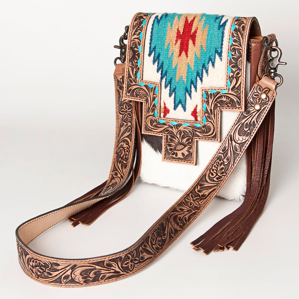 American Darling Messenger Bag for Women, Hand Tooled Floral Leather, Hair-On Cowhide, Woven Saddle Blanket, Genuine Leather