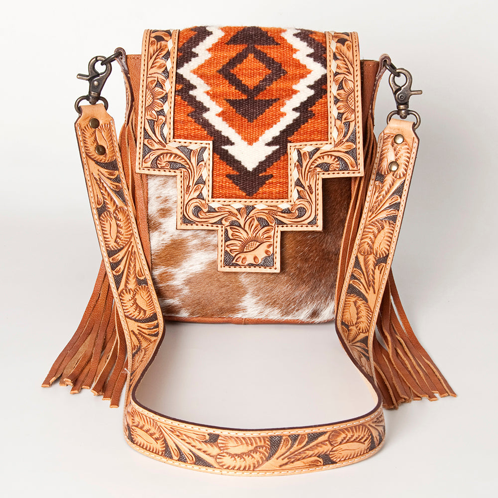 American Darling Messenger Bag for Women, Hand Tooled Floral Leather, Hair-On Cowhide, Woven Saddle Blanket, Genuine Leather