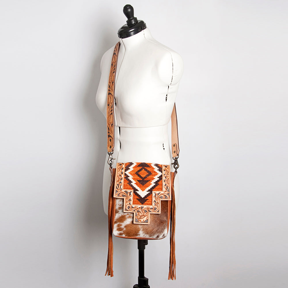 American Darling Messenger Bag for Women, Hand Tooled Floral Leather, Hair-On Cowhide, Woven Saddle Blanket, Genuine Leather
