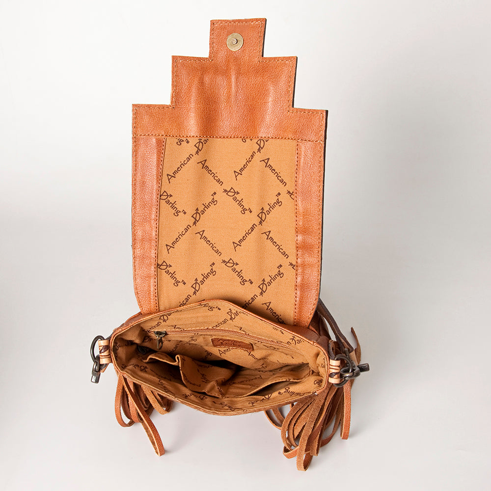 American Darling Messenger Bag for Women, Hand Tooled Floral Leather, Hair-On Cowhide, Woven Saddle Blanket, Genuine Leather