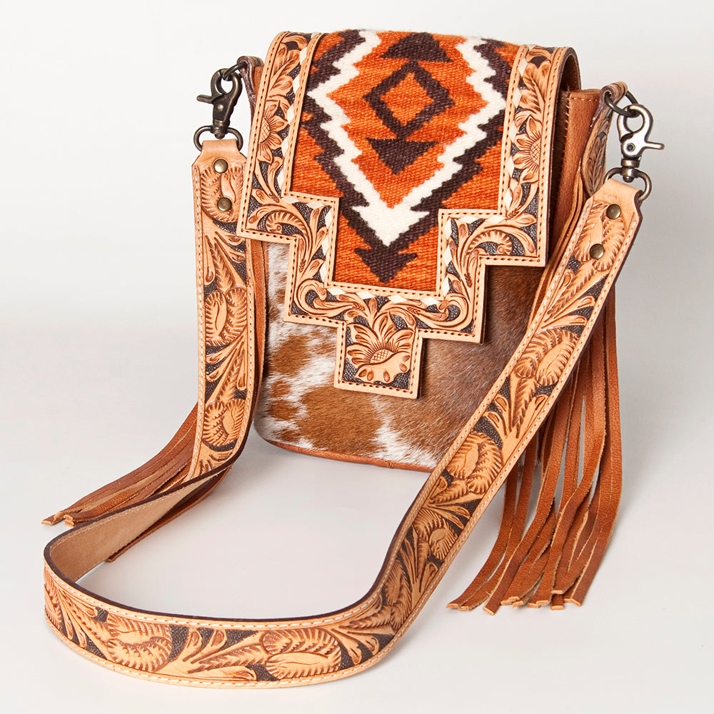 American Darling Messenger Bag for Women, Hand Tooled Floral Leather, Hair-On Cowhide, Woven Saddle Blanket, Genuine Leather