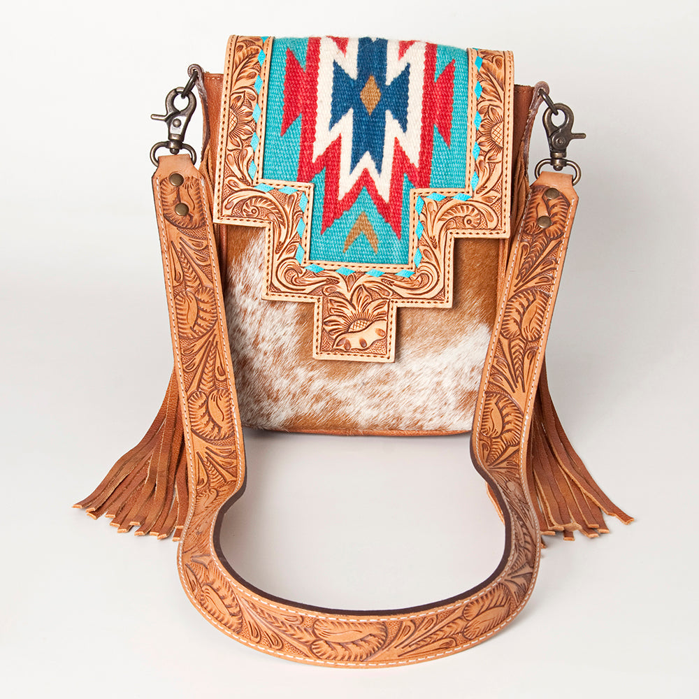 American Darling Messenger Bag for Women, Hand Tooled Floral Leather, Hair-On Cowhide, Woven Saddle Blanket, Genuine Leather