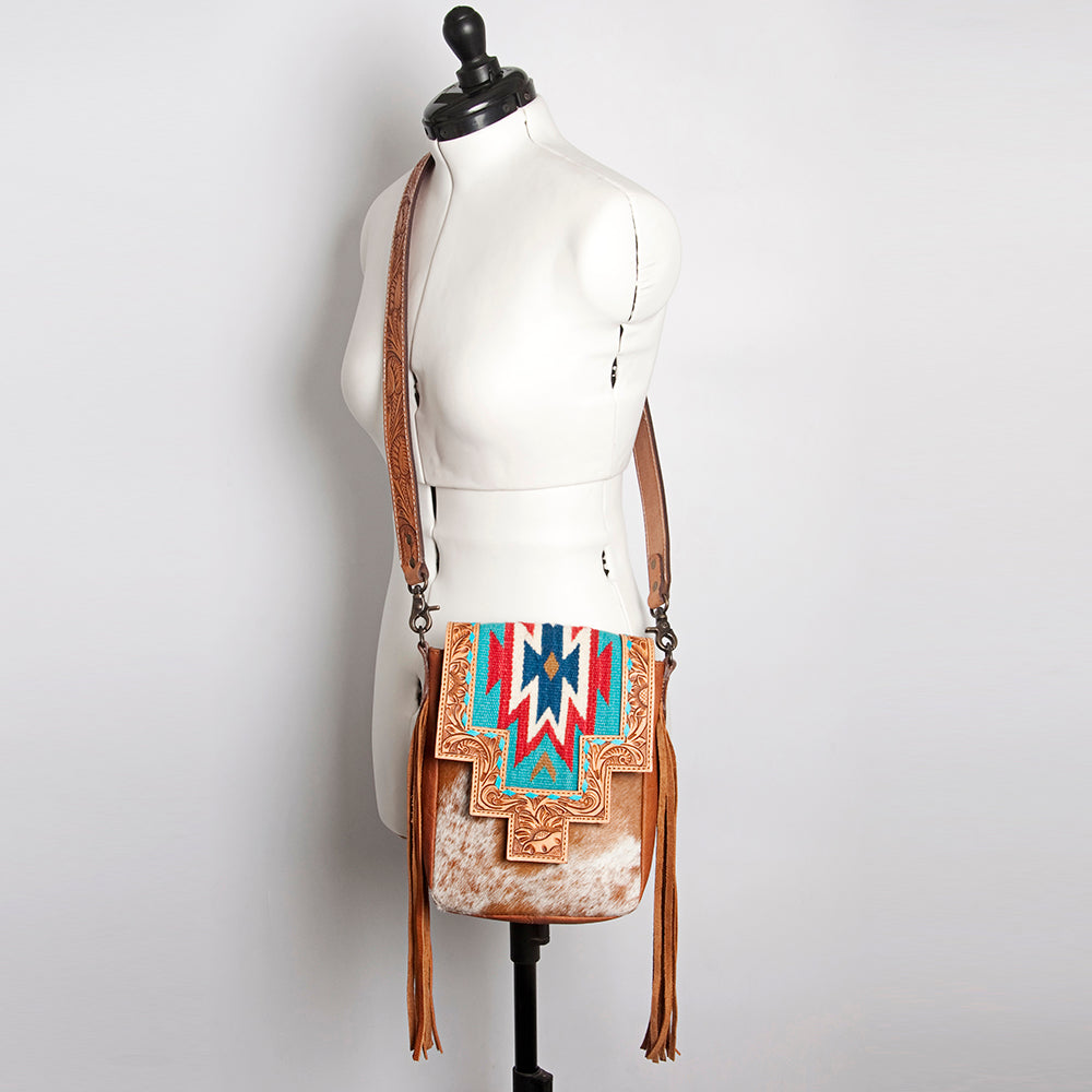 American Darling Messenger Bag for Women, Hand Tooled Floral Leather, Hair-On Cowhide, Woven Saddle Blanket, Genuine Leather
