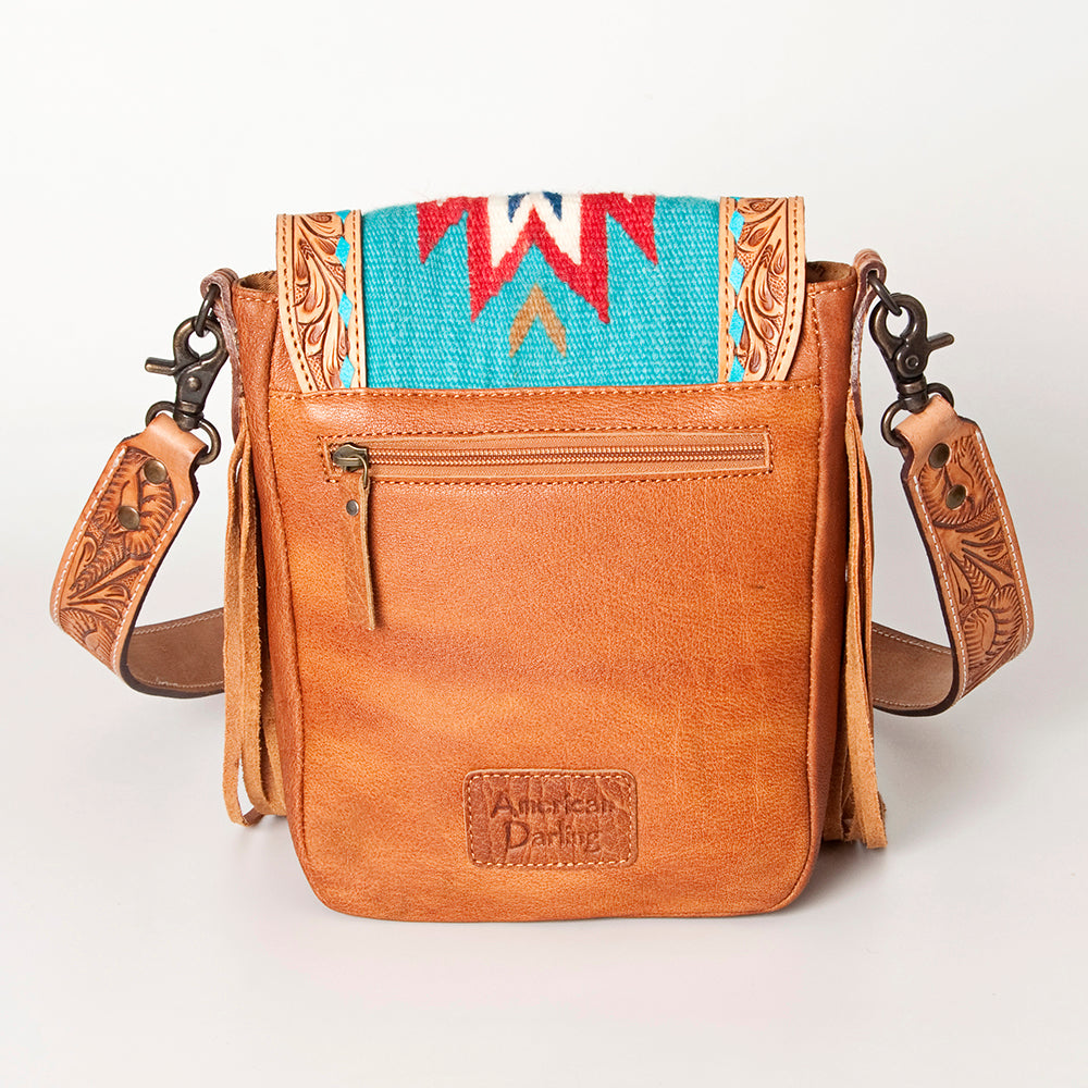 American Darling Messenger Bag for Women, Hand Tooled Floral Leather, Hair-On Cowhide, Woven Saddle Blanket, Genuine Leather
