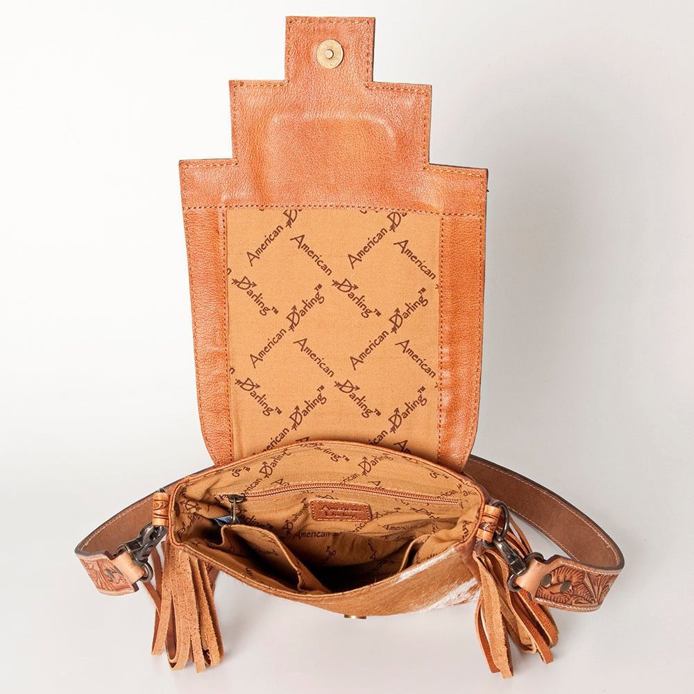 American Darling Messenger Bag for Women, Hand Tooled Floral Leather, Hair-On Cowhide, Woven Saddle Blanket, Genuine Leather