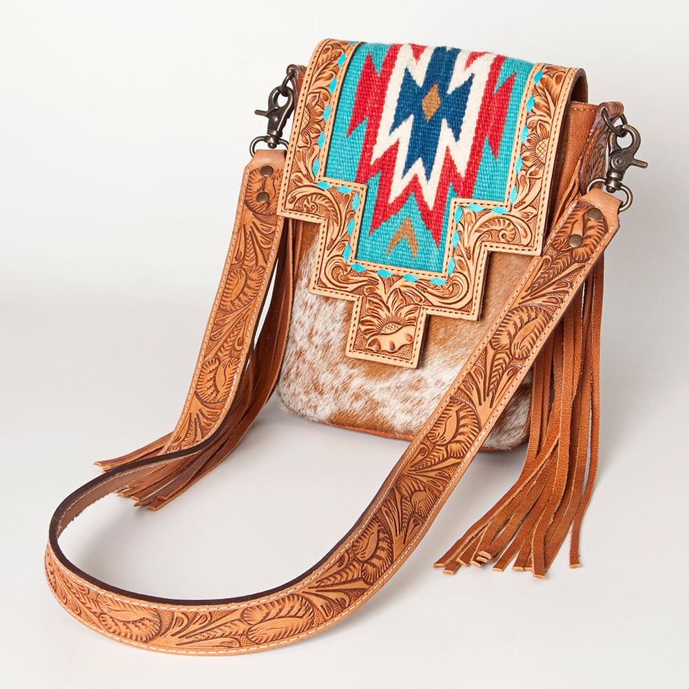 American Darling Messenger Bag for Women, Hand Tooled Floral Leather, Hair-On Cowhide, Woven Saddle Blanket, Genuine Leather
